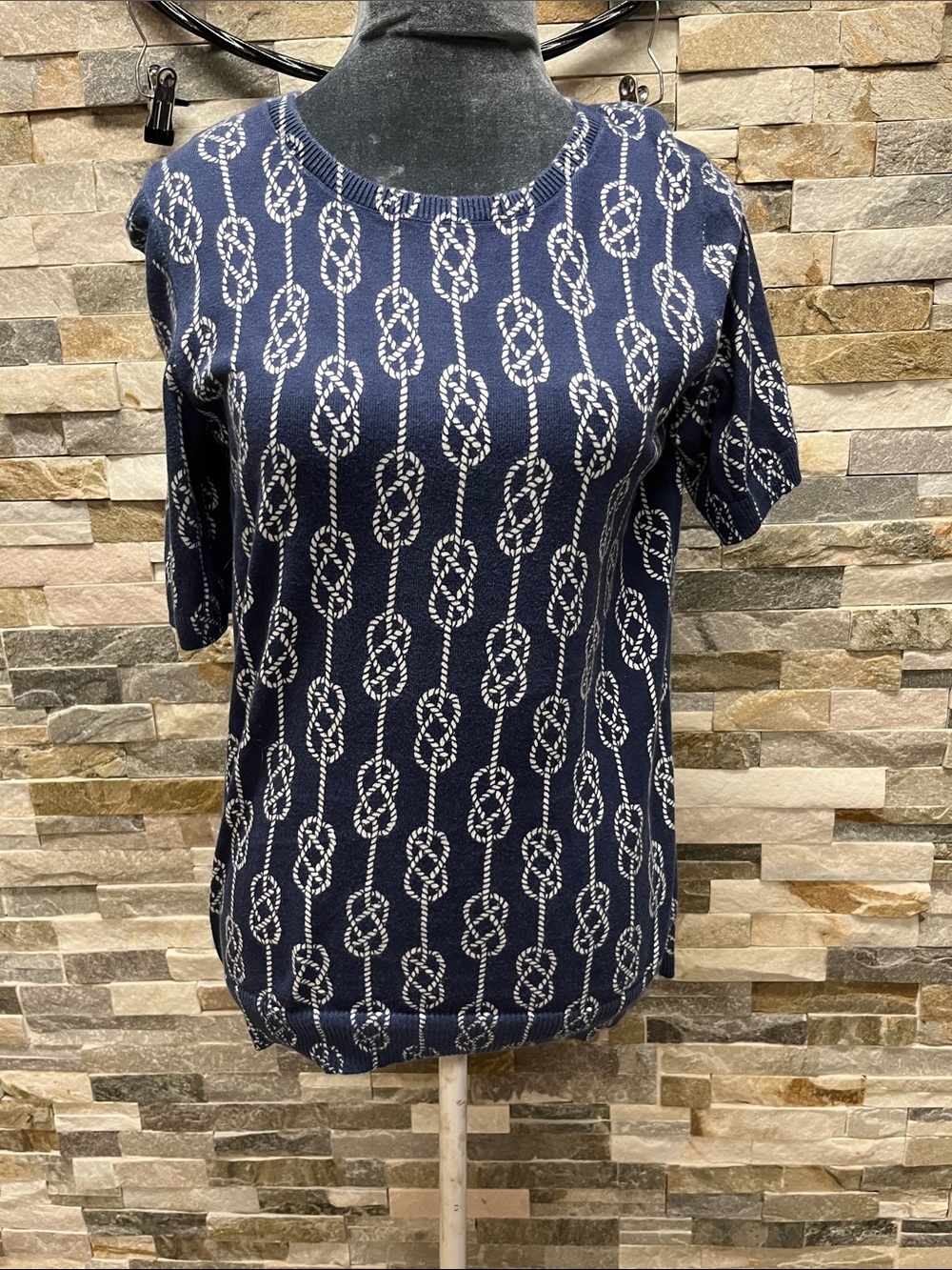 croft & barrow Navy Short Sleeve Top with White Rope Print